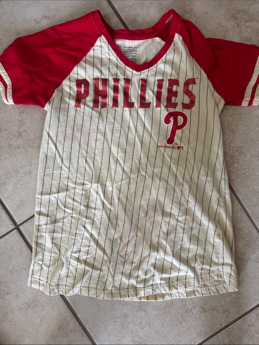 Phillies Youth White Pinstripe Tee with Red Raglan Sleeves